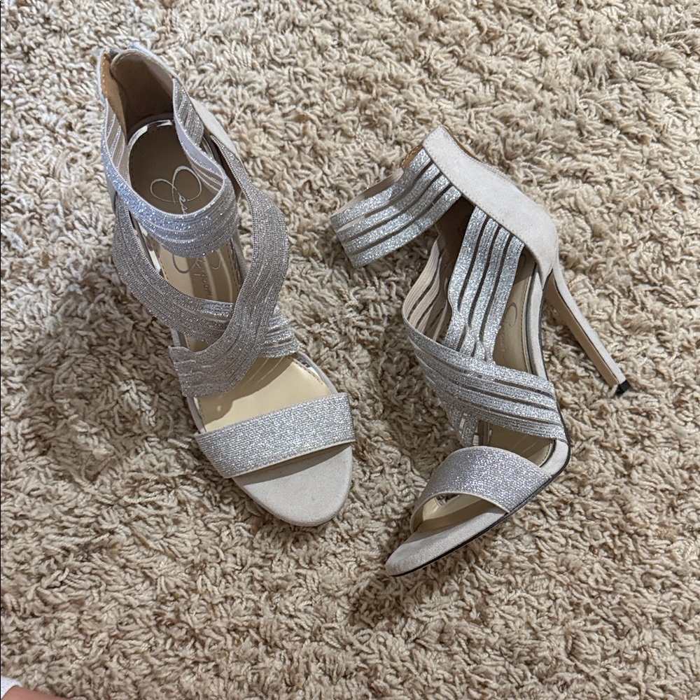 Elegant Silver Strappy Heels size 7.5